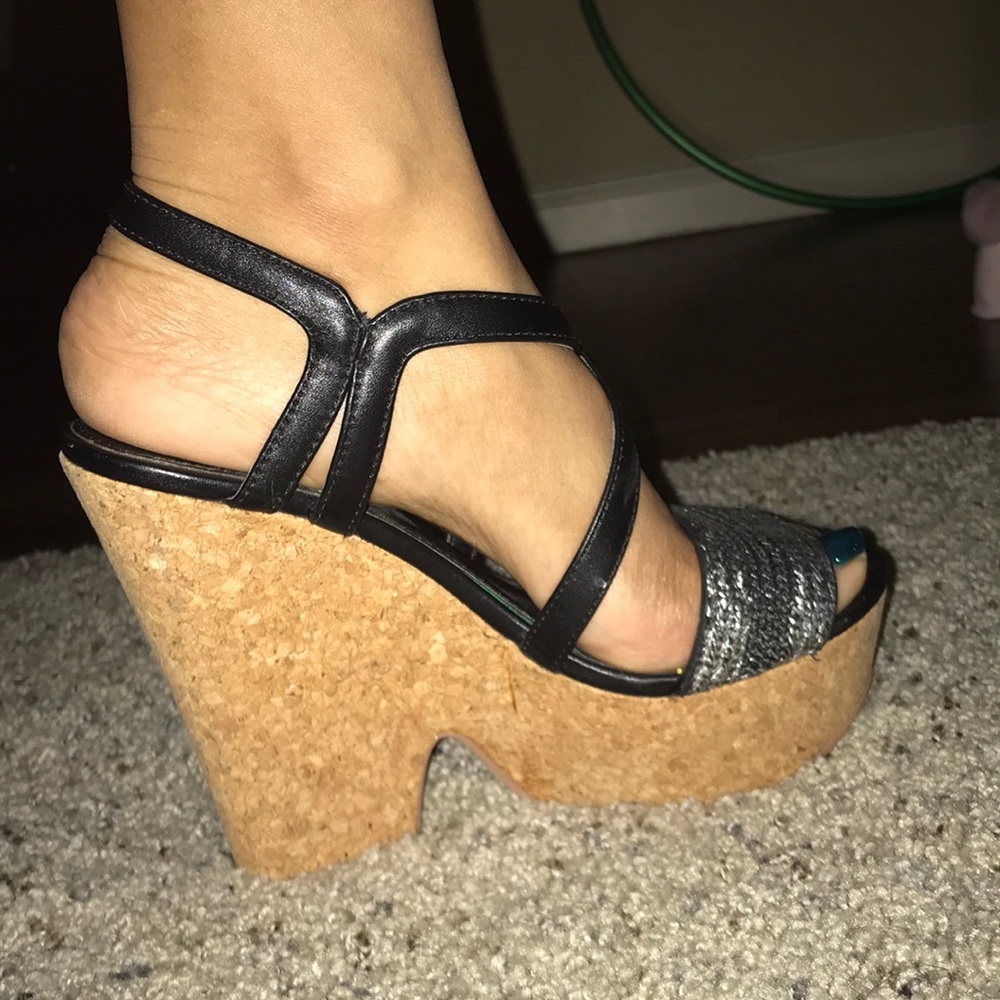 black/silver open toed wedges